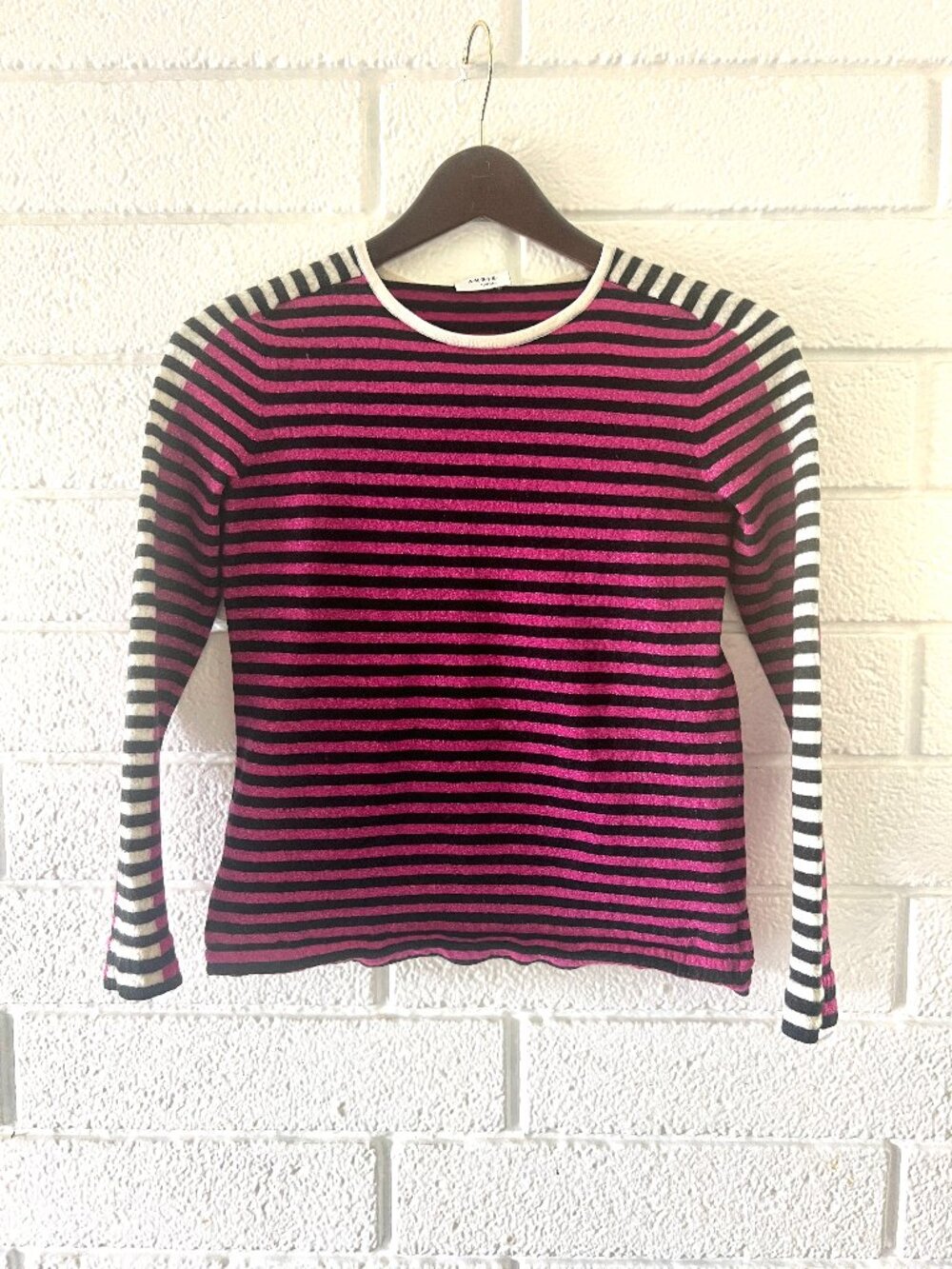 Akris Punto Striped Wool Blend Lightweight Pullover Sweater in Pink/Black